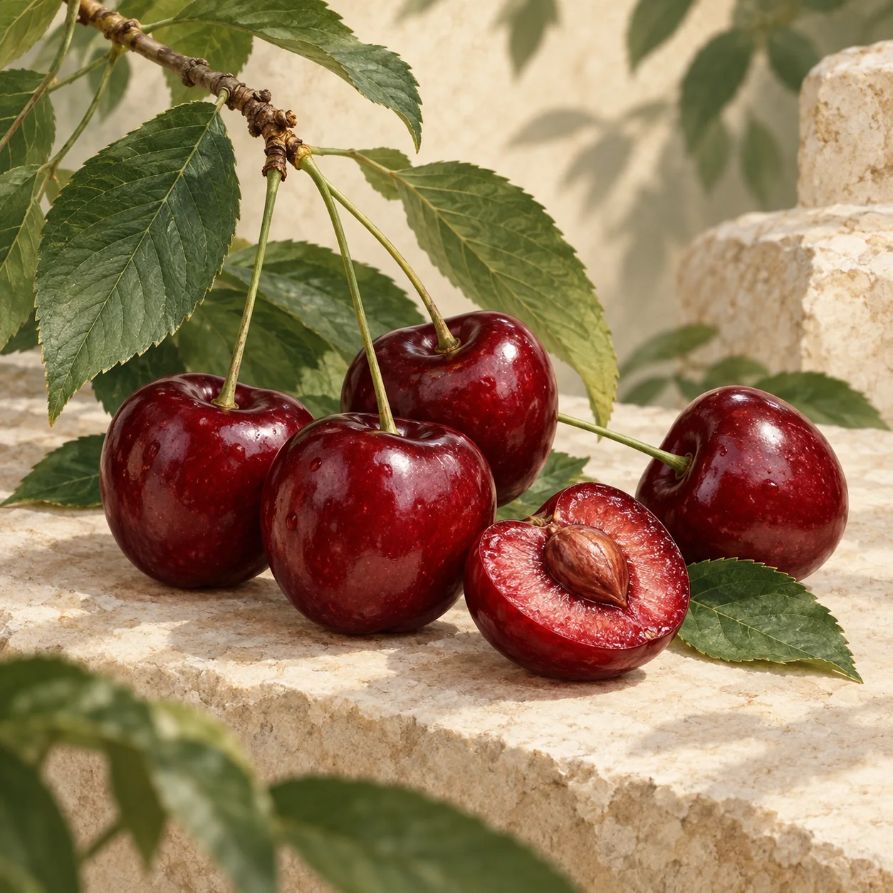 Dark red tart cherries, one halved, beside a glass of cherry juice