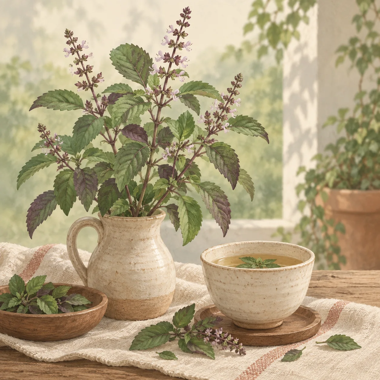 Holy basil plant with slightly hairy green and purple-tinged leaves and slender purple flower spikes in a clay courtyard pot