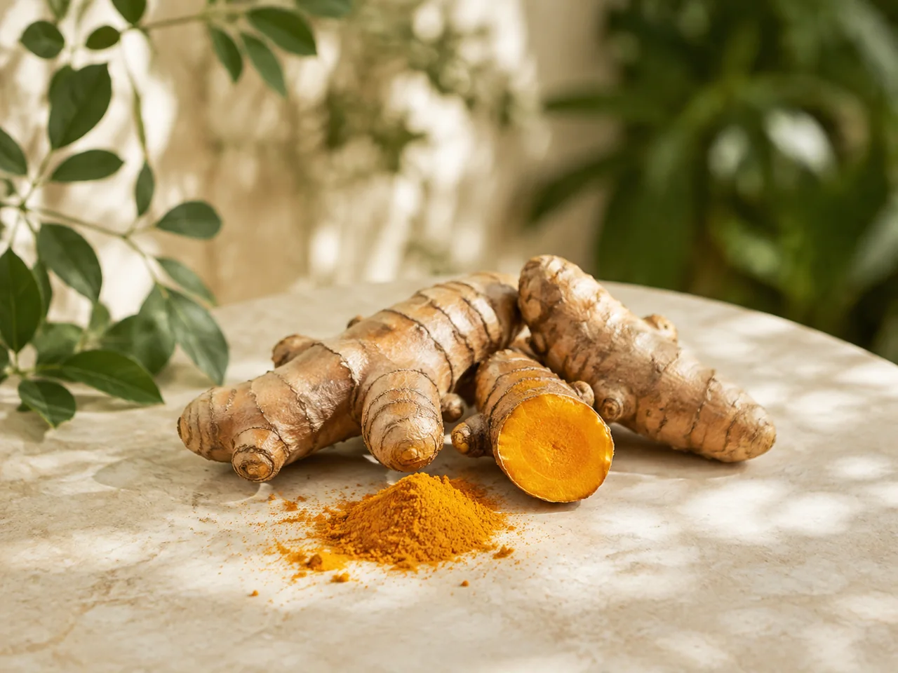 Fresh and ground turmeric with garden leaves