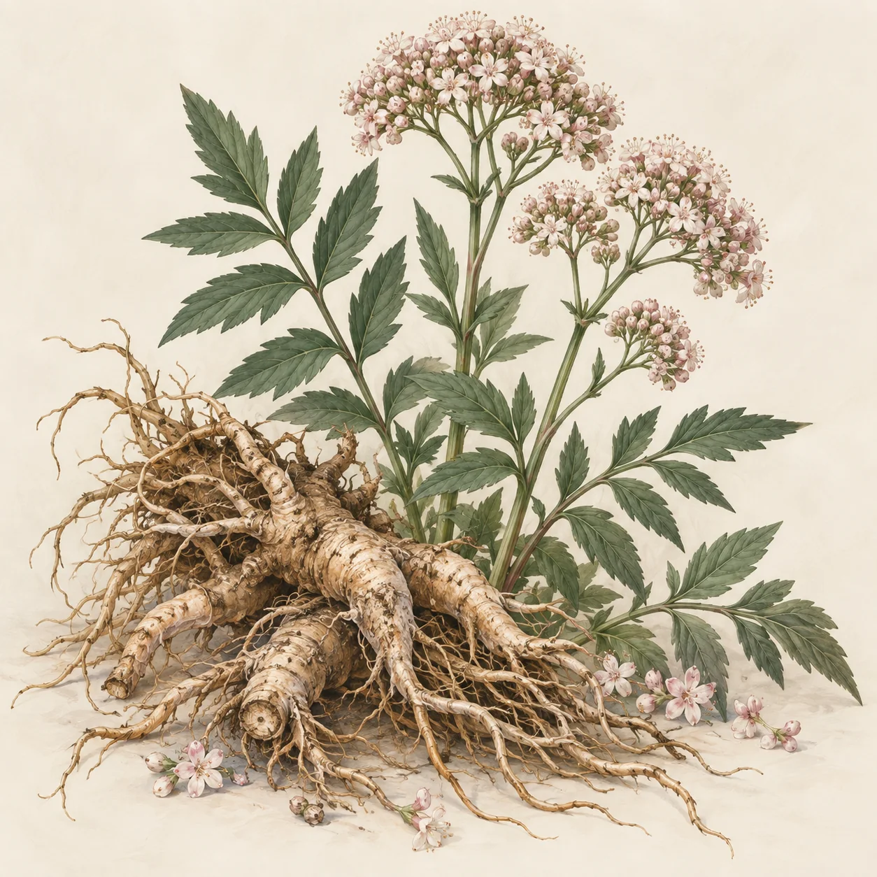Valerian plant with tall stems, pinnately divided leaves and pale pink flower clusters beside a cut, dried root