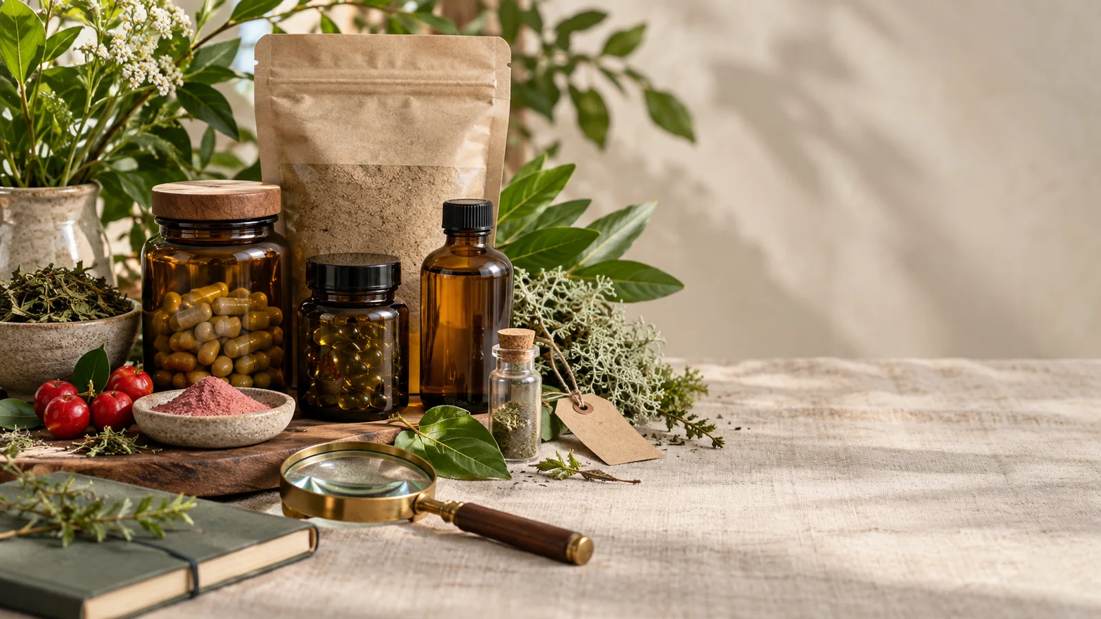 A selection of vegan vitamin and mineral supplements alongside whole plant foods