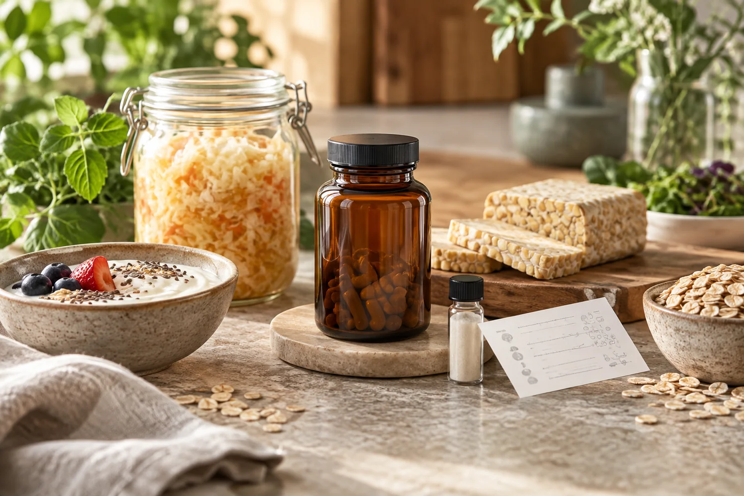 Sauerkraut, coconut yogurt, tempeh, and a probiotic supplement bottle representing vegan probiotic sources