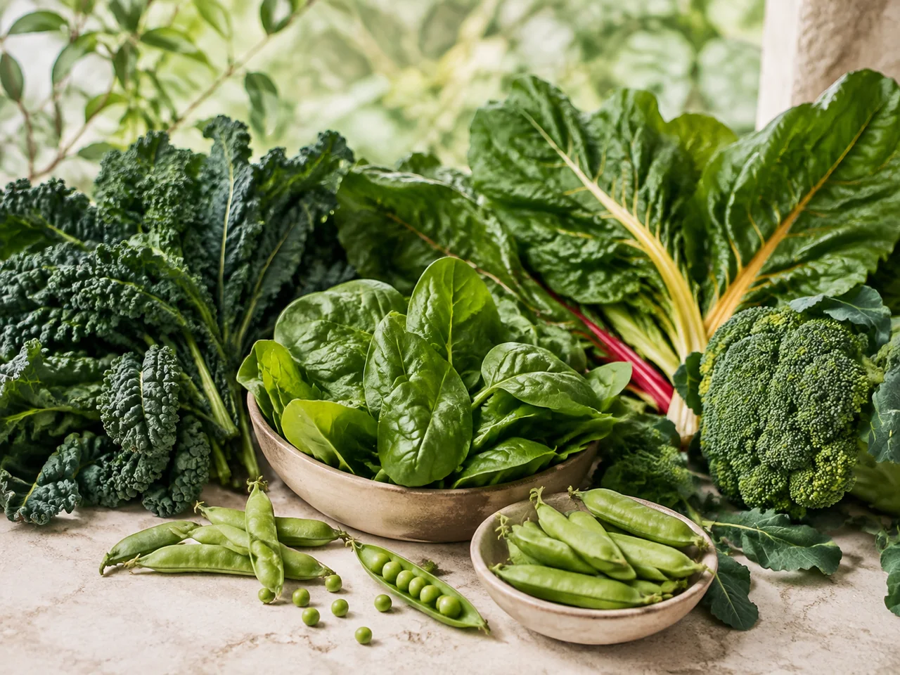 Kale, spinach, chard, broccoli and garden peas