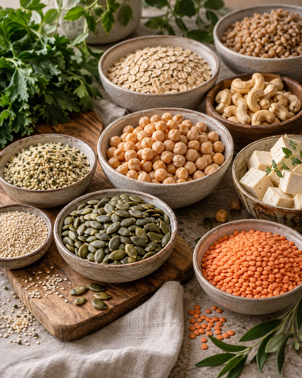 Pumpkin seeds, chickpeas, and lentils representing vegan zinc sources